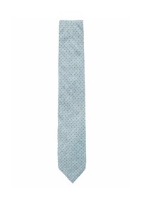 Corbata azul claro con un patrón sutil de pequeños puntos azul oscuro, forma delgada, textura suave y diseño de punta afilada.