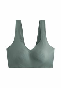 Heled roheline ühtlane bralette, laiate rihmadega ja V-kujulise kaelusega. Valmistatud venivast materjalist, sileda tekstuuriga ning ilma nähtava riistvarata.