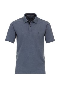 Heren polo shirt in donkerblauwe katoenmix, korte mouwen, met een placket van drie knopen, een klein logo op de borst, en een ribbelkraag.