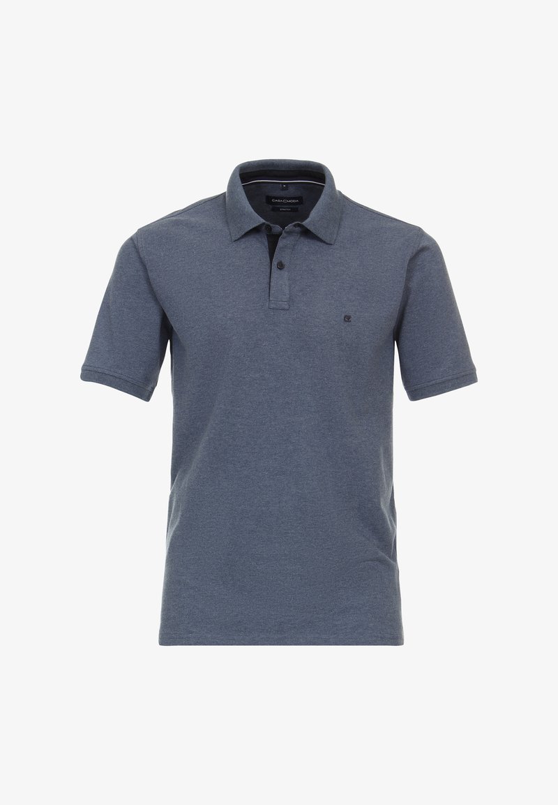 Heren polo shirt in donkerblauwe katoenmix, korte mouwen, met een placket van drie knopen, een klein logo op de borst, en een ribbelkraag.