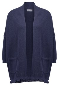 Mörkblå stickad cardigan med öppen framsida, vida ärmar, två framfickor och fransdetaljer vid fållen. Strukturerad tyg.
