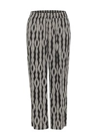 Pantalons noirs à jambes larges avec des rayures grises ondulées verticales, dotés d'une taille élastique et sans poches ni fermetures visibles.