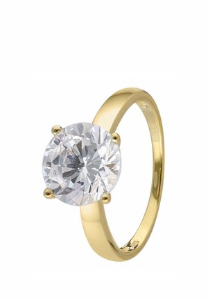 Gold ring with a large round brilliant-cut diamond held by four prongs on a plain band against a white background.