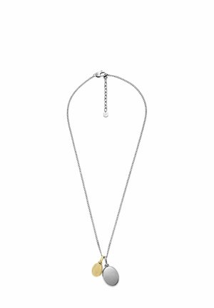 Collar de cadena de plata que presenta dos colgantes: un colgante redondo de plata y un colgante redondo más pequeño de oro, ambos con un acabado liso y pulido.