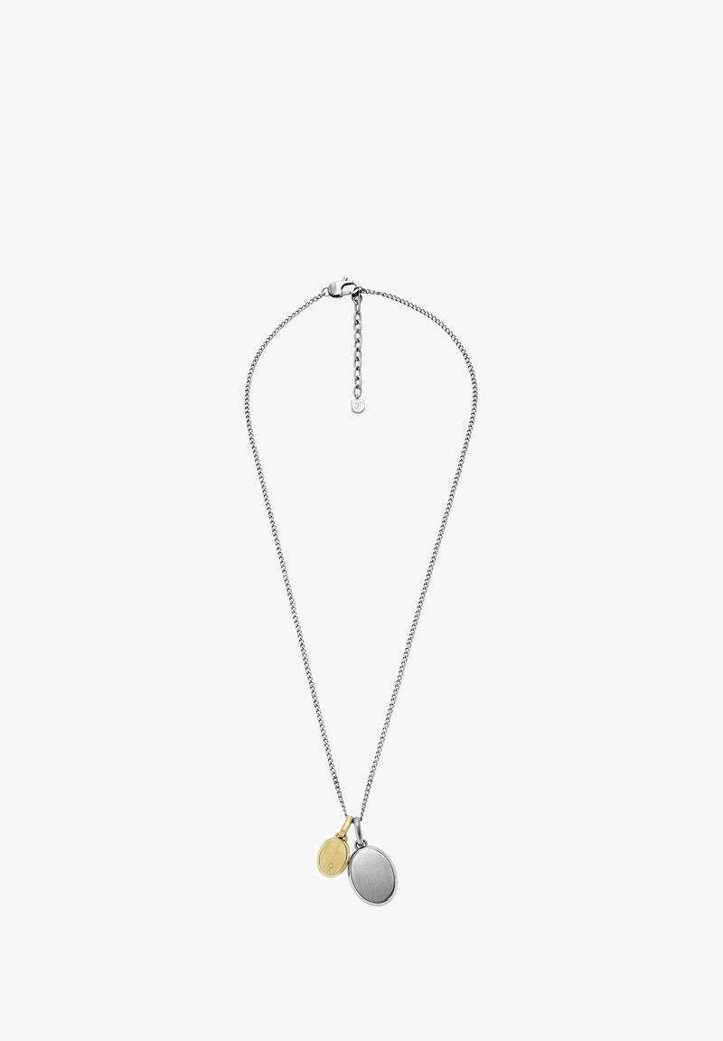 Sølv kædehalssmykke med to vedhæng: et rundt sølvvedhæng og et mindre rundt guldvedhæng, begge glatte med polerede overflader.