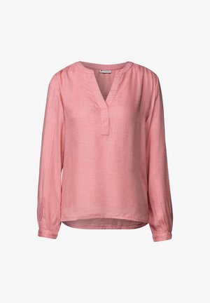 Langärmlige pinke Bluse mit V-Ausschnitt und Stehkragen, gerafften Manschetten und einem lockeren Schnitt.