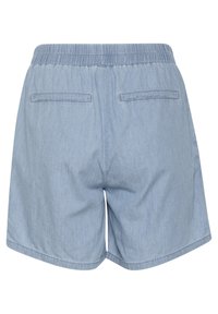 Vaaleansinisiä kangashousuja, joissa on joustava vyötärö, kaksi takataskua ja rento istuvuus. Materiaali on hienovaraisesti teksturoitu.