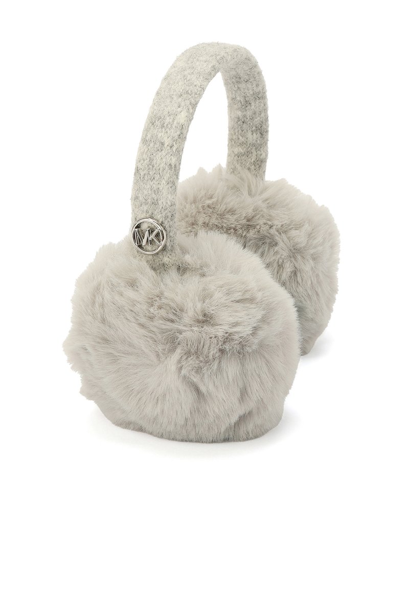 Szare nauszniki z sztucznego futra z filcowanym szarym paskiem. Pasek zdobi srebrne logo po bokach. Miękka tekstura i zaokrąglony kształt.