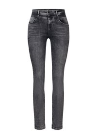Jean skinny en denim gris foncé avec une texture lisse, design à cinq poches et fermeture à bouton à la taille.