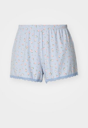 Světle modré květinové šortky s malými růžovými růžemi, elastický pas a krajkový lem podél spodního okraje. Vyrobeno z měkké, lehké tkaniny.