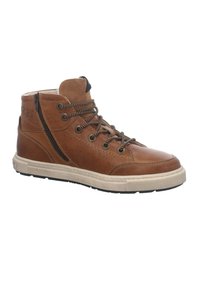Scarpa alta in pelle marrone con lacci e zip laterale. Presenta suola in gomma e dettagli testurizzati. Finitura liscia con colletto imbottito.