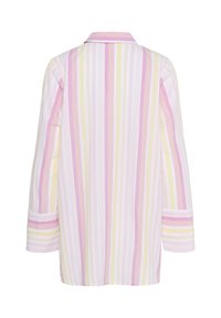 Striped shirt in pink, yellow, and white; features a collared neckline, long sleeves, and a straight cut with contrasting cuffs.