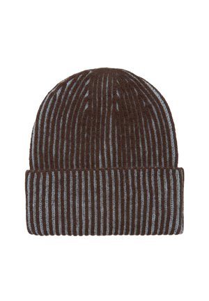 Braun- und blau gestreifte gestrickte Mütze mit gerippter Struktur und umgeschlagenem Rand am Boden. Geeignet für das Tragen bei kaltem Wetter.