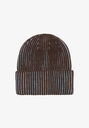 Berretto lavorato a maglia a righe marroni e blu, caratterizzato da una texture a coste con risvolto nella parte inferiore. Adatto per climi freddi.
