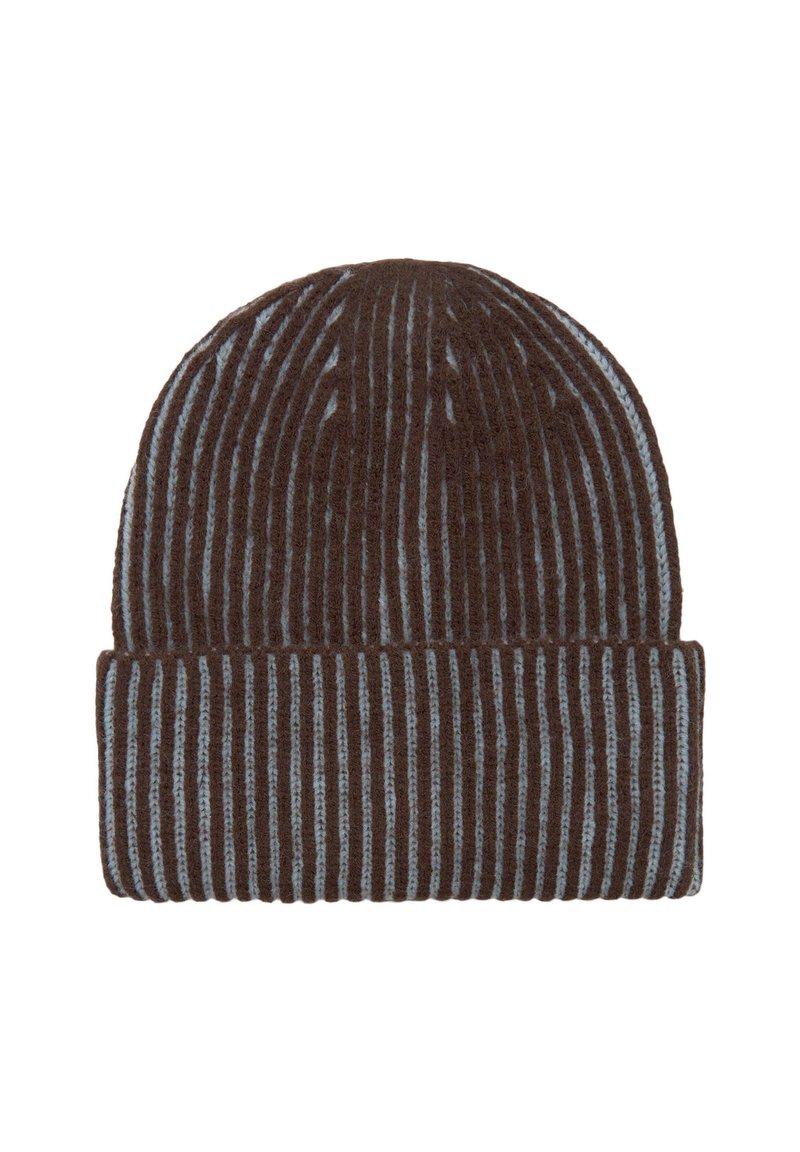 Berretto lavorato a maglia a righe marroni e blu, caratterizzato da una texture a coste con risvolto nella parte inferiore. Adatto per climi freddi.