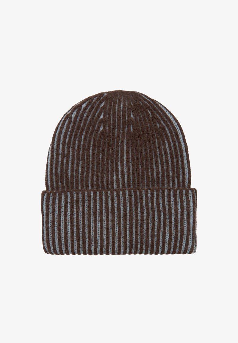 Berretto lavorato a maglia a righe marroni e blu, caratterizzato da una texture a coste con risvolto nella parte inferiore. Adatto per climi freddi.