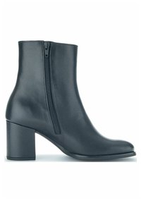 Bottine noire en cuir avec talon bloc et fermeture éclair latérale, texture lisse, bout arrondi et design minimaliste.