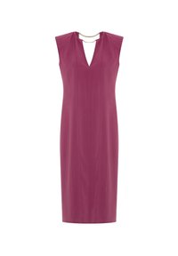 Robe ajustée sans manches en prune profond, dotée d'un col en V et d'un accent doré au niveau de l'encolure. Tissu lisse avec une silhouette droite.