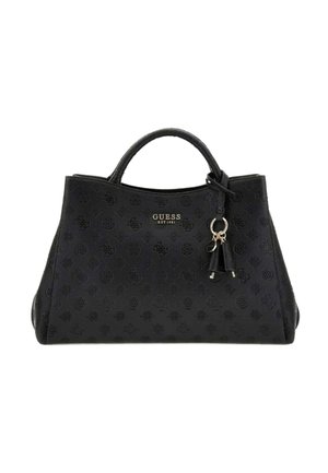 Sac à main noir Guess avec motif logo embossé, doubles poignées et porte-clés décoratif à pompon sur le devant.