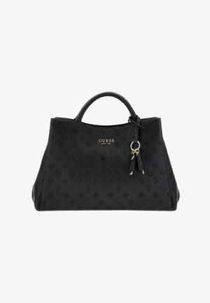 Sac à main noir Guess avec motif logo embossé, doubles poignées et porte-clés décoratif à pompon sur le devant.