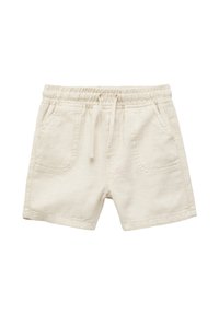Pantalones cortos beige de mezcla de lino con cintura elástica, cordón ajustable y dos bolsillos frontales. Presenta un acabado texturizado.