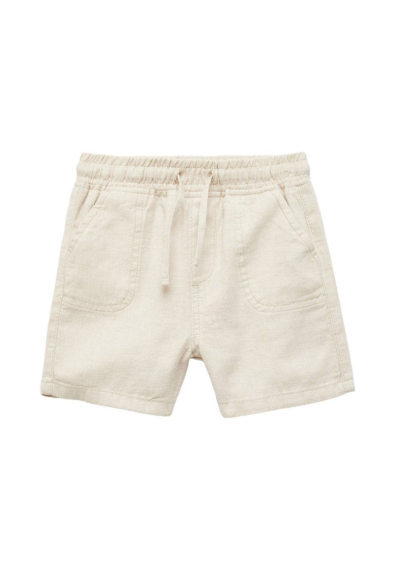 Pantalones cortos beige de mezcla de lino con cintura elástica, cordón ajustable y dos bolsillos frontales. Presenta un acabado texturizado.