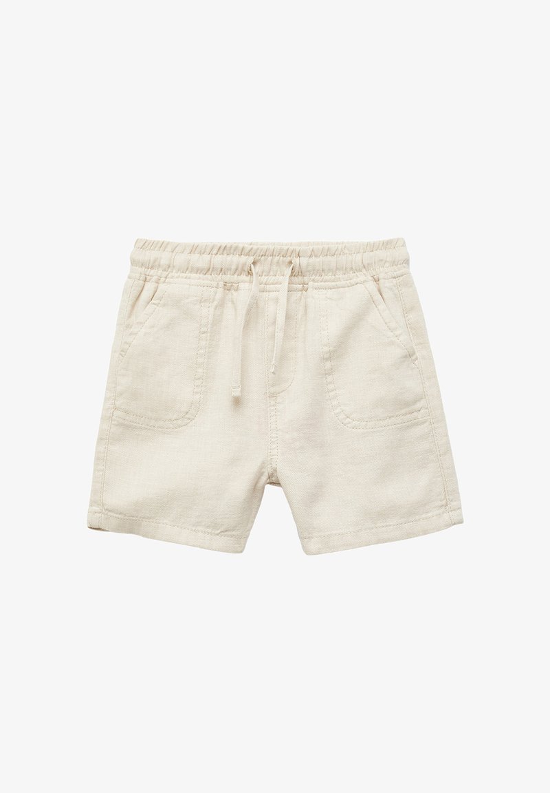 Pantalones cortos beige de mezcla de lino con cintura elástica, cordón ajustable y dos bolsillos frontales. Presenta un acabado texturizado.
