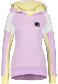 Felpa con cappuccio caratterizzata da un corpo di un viola pastello, dettagli bianchi e gialli, polsini e orlo a costine, e una piccola etichetta con logo sul petto.