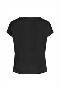 Blouse noire à manches courtes avec encolure bateau, tissu lisse et ourlet légèrement arrondi, vue de dos.