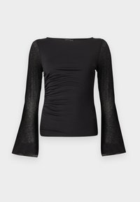 Μαύρο μακρυμάνικο τοπ με σούρες στο μπροστινό μέρος και διάφανα μανίκια καμπάνα, στρογγυλή λαιμόκοψη  και εφαρμοστή γραμμή.