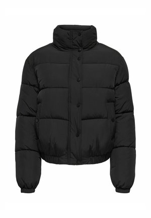 Svart puffjacka med hög krage, knappstängning fram, kort design och kviltad textur. Har elastiska ärmslut och nederkant.