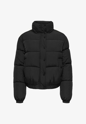 Schwarze Daunenjacke mit hochgeschlossenem Kragen, Knopfverschluss vorne, verkürztem Design und gestepptem Muster. Mit elastischen Bündchen und Saum.