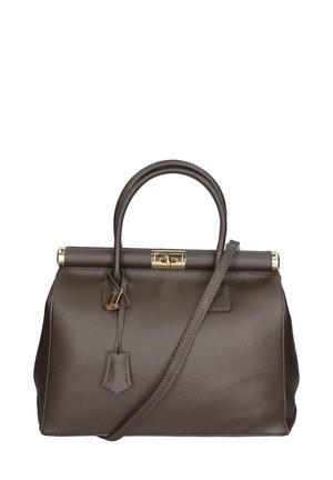Borsa a tracolla in pelle marrone con forma strutturata, manico superiore e tracolla rimovibile. Caratterizzata da hardware dorato e chiusura a gancio.