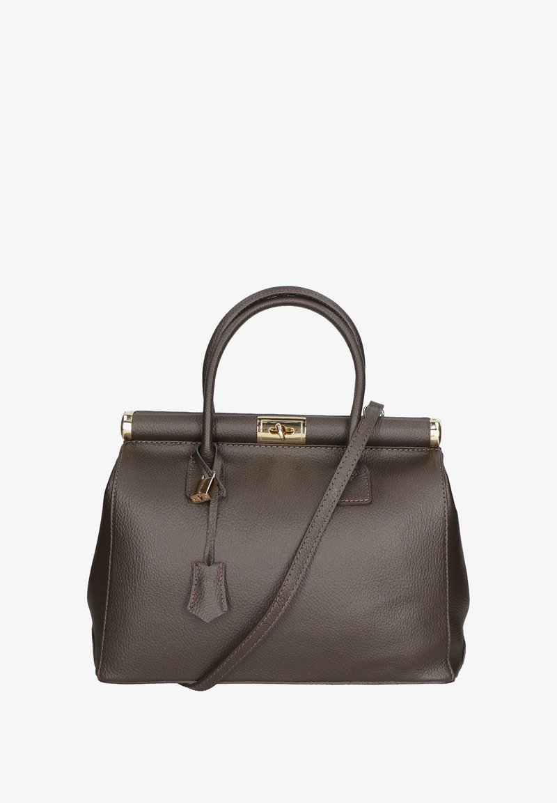 Bruine leren handtas met een gestructureerde vorm, een bovenhandvat en een afneembare schouderband. Voorzien van goudkleurige hardware en een sluiting met een haak.