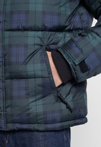 En närbild av en mörk rutmönstrad puffjacka, som visar en hand med fingrarna i sidofickan och en svart ribbad mudd.