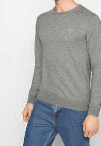 Mann in einem enganliegenden grauen Langarmpullover mit kleinem Logo auf der Brust, kombiniert mit blauen Jeans, vor einem weißen Hintergrund stehend.