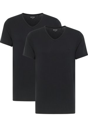 Sorte bomulds v-hals t-shirts i en pakke med to, med korte ærmer og et lille logo på venstre bryst. Glat tekstur, standard pasform.