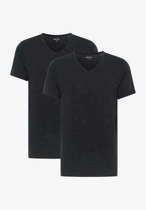 Sorte bomulds v-hals t-shirts i en pakke med to, med korte ærmer og et lille logo på venstre bryst. Glat tekstur, standard pasform.