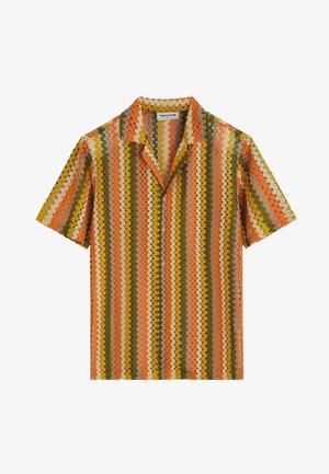 Chemise à manches courtes avec boutons, rayures verticales en zigzag orange, jaune, verte, beige et rose, col de style camp.
