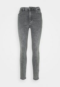 Jeans de talle alto en gris con una textura desgastada, corte ajustado y diseño de cinco bolsillos. Cuenta con un cierre frontal de botón y trabillas para el cinturón.