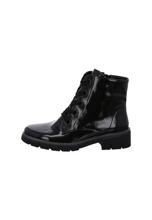 Black shiny patent leather lace-up ankle boot with thick rubber sole and rounded toe.