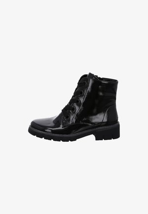 Black shiny patent leather lace-up ankle boot with thick rubber sole and rounded toe.