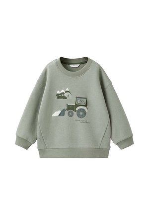 Sweat-shirt vert à coupe décontractée, avec une illustration d'un tracteur et de montagnes en vert foncé et blanc. Poignets et col côtelés.