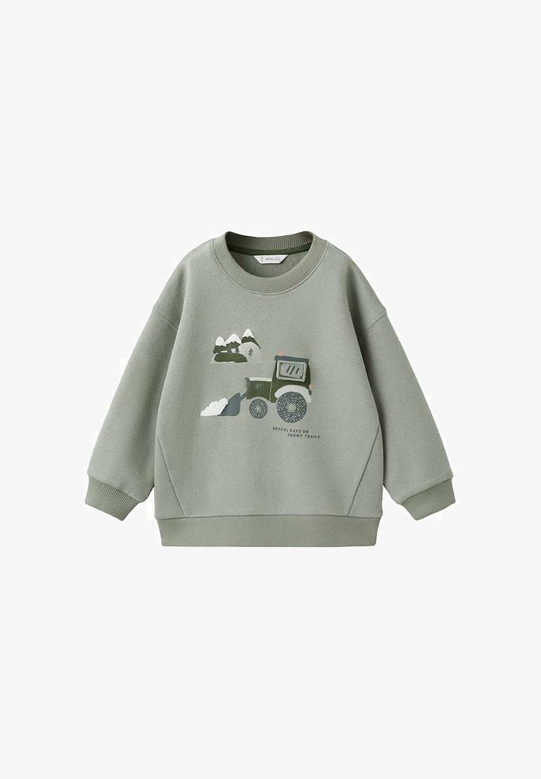 Zelená mikina s volným střihem, se kterými se nachází ilustrace traktoru a hor v tmavě zelené a bílé barvě. Ribované manžety a výstřih.