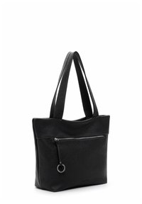 Black leather tote bag with a textured surface, two shoulder straps, and a zippered front pocket featuring a circular pull tab.