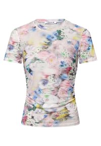 T-shirt a maniche corte con motivo floreale, caratterizzato da una texture a coste, colori pastello e un mix di fiori viola, rosa e verdi su uno sfondo chiaro.