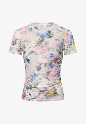 Short-sleeve floral T-shirt featuring a ribbed texture, pastel colors, and a mix of purple, pink, and green floral patterns on a light background.