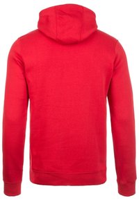 Felpa rossa con cappuccio, realizzata in tessuto morbido. Presenta maniche lunghe, polsini a coste e una tasca a marsupio. Colore uniforme senza motivi.