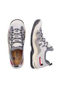 Gray suede and mesh shoes with black laces, beige accents, and a textured rubber sole. Features an open design with a red inner lining.