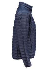 Giacca puffer blu navy con colletto alto, texture trapuntata, maniche lunghe e zip frontale. Design leggero e isolato.